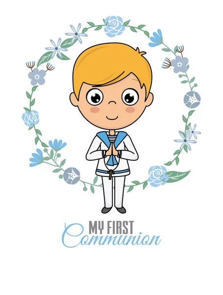 First Communion Card Praying Boy Flower Frame — Stock Vector