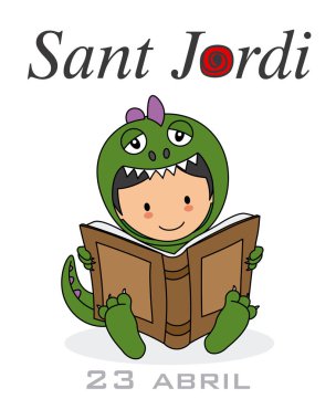 Sant Jordi. Catalonia geleneksel kutlama. Çocuk bir kitap okuma bir ejderha gibi giyinmiş