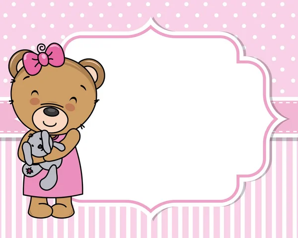 Carte Douche Bébé Fille Joli Ours Avec Peluche Espace Pour — Image vectorielle