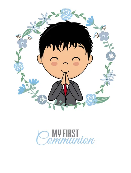 First Communion Card Praying Boy Flower Frame — Stock Vector