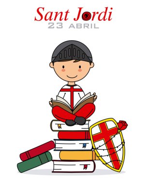 Sant Jordi. Catalonia geleneksel kutlama. Çocuk bir kitap okuma bir savaşçı olarak giyinmiş