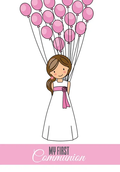Pierwszej Komunii Karty Dziewczyna Balonów — Wektor stockowy