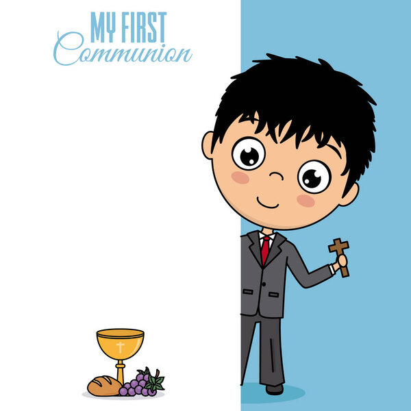 my first communion. Boy with crucifix and space for text