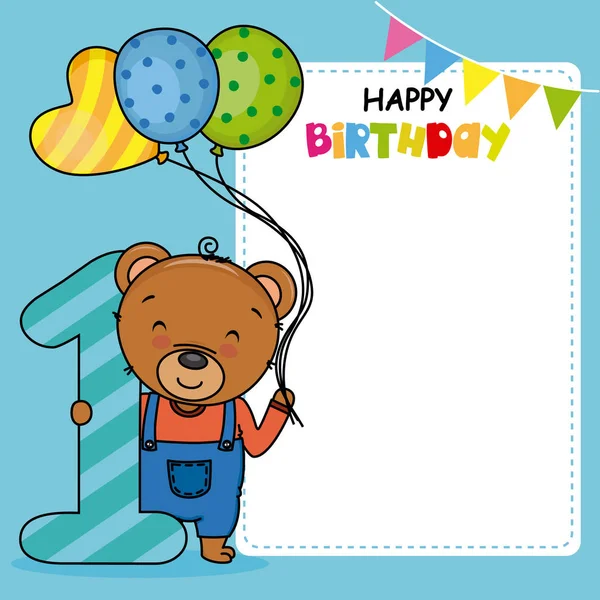 Happy Birthday Card Bear Balloons Number One Space Photo Text — Stock Vector