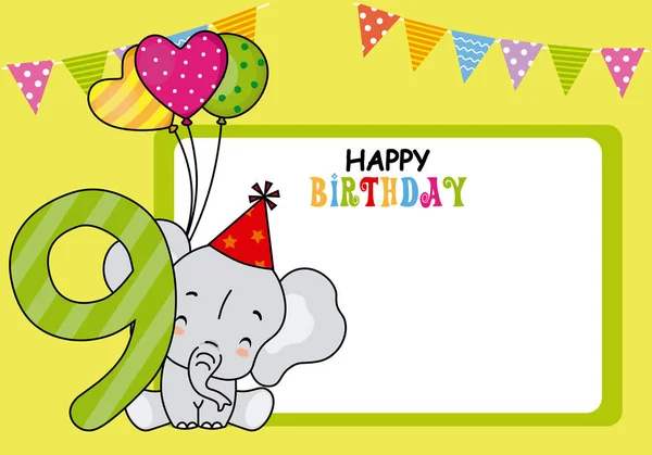 Happy Birthday Card Olifant Met Ballonnen Het Nummer Negen Ruimte — Stockvector