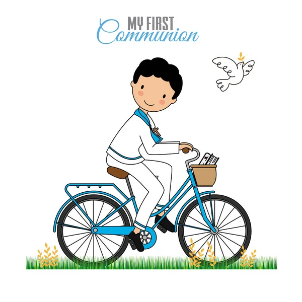 Card First Communion Boy Bicycle — Stock Vector