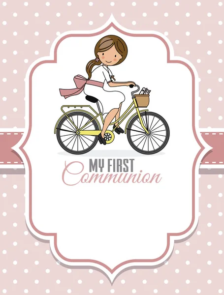 Cartão Minha Primeira Comunhão Uma Rapariga Bicicleta Espaço Para Texto — Vetor de Stock