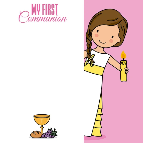 Carte Première Communion Fille Avec Une Bougie Espace Pour Écrire — Image vectorielle