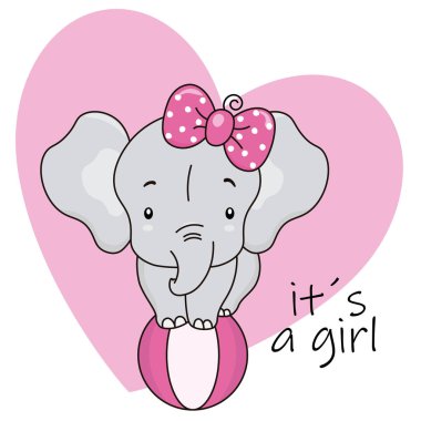  Bir topun üstünde sevimli fil. Kız bebek duş kartı.