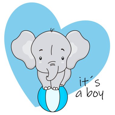 Bir topun üstünde sevimli fil. Erkek bebek duş kartı.