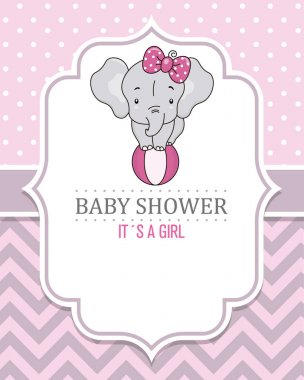 Bir topun üstünde sevimli fil. Bebek kız duş kartı. metin için alan