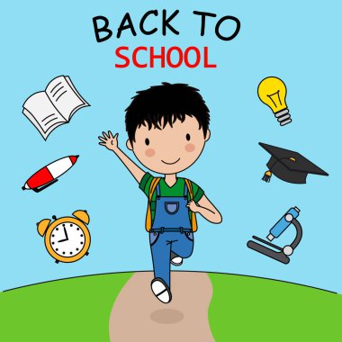 Okul kartına geri dönelim. Eğitim simgeleri ile birlikte mutlu çocuk