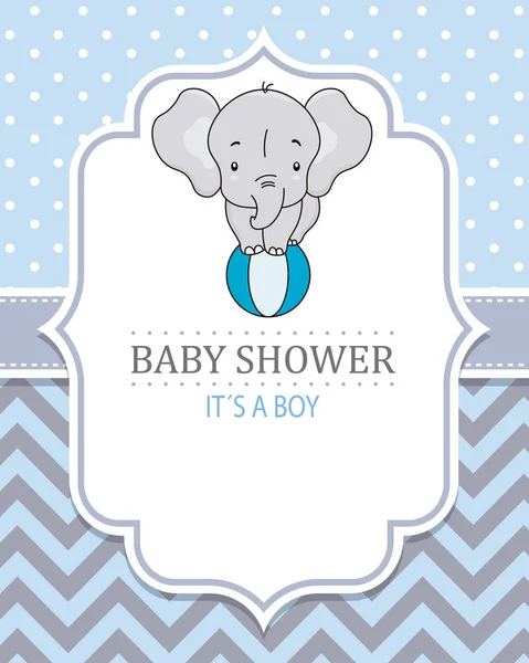 Aranyos Elefánt Tetején Egy Labdát Baby Boy Zuhany Kártya Szóköz — Stock Vector