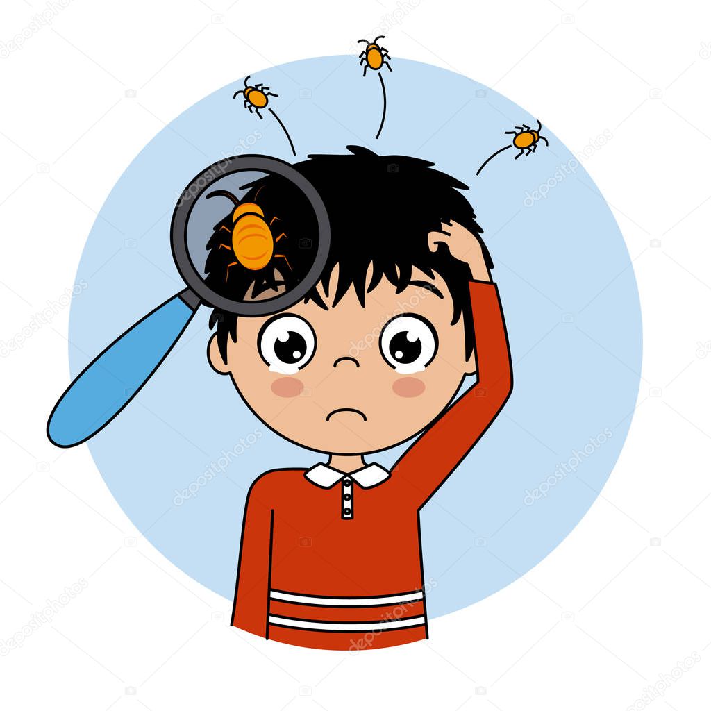 Child crying with lice on the head. Vector isolated