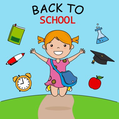 Okul kartına geri dönelim. Mutlu kız eğitim simgeleri ile birlikte atlama