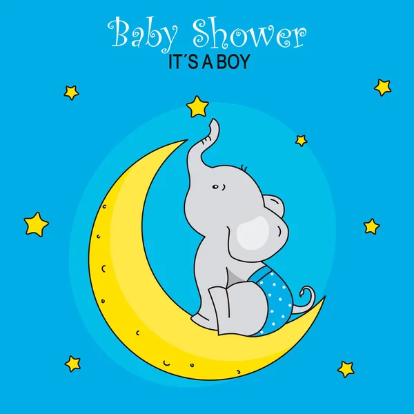 Elephant Sitting Moon Stars Baby Boy Shower Card — Stockvector