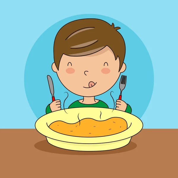 Boy Eating Fork Knife Her Hand Plate Front — Stock Vector
