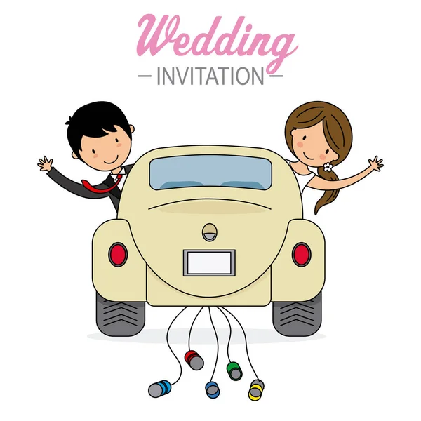 婚礼请柬 新娘和新郎在车内挥手致意 — 图库矢量图片