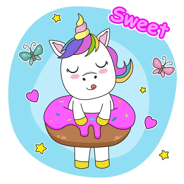 Lindo Unicornio Dentro Una Dona Tarjeta Cumpleaños — Vector de stock