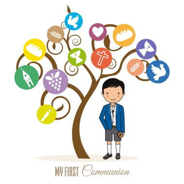 ilk komünyon kartı. Dini simgeler ve İncil ile Ağaç