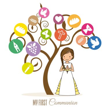ilk komünyon kartı. Dini simgeleri ve kız dua ile Ağaç