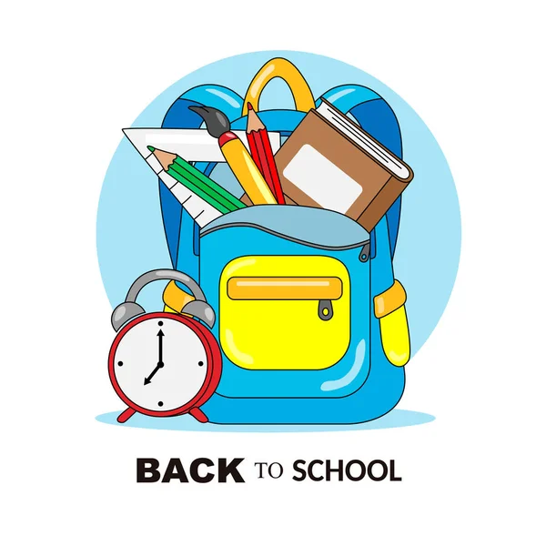 Back to school card. Backpack with school objects inside