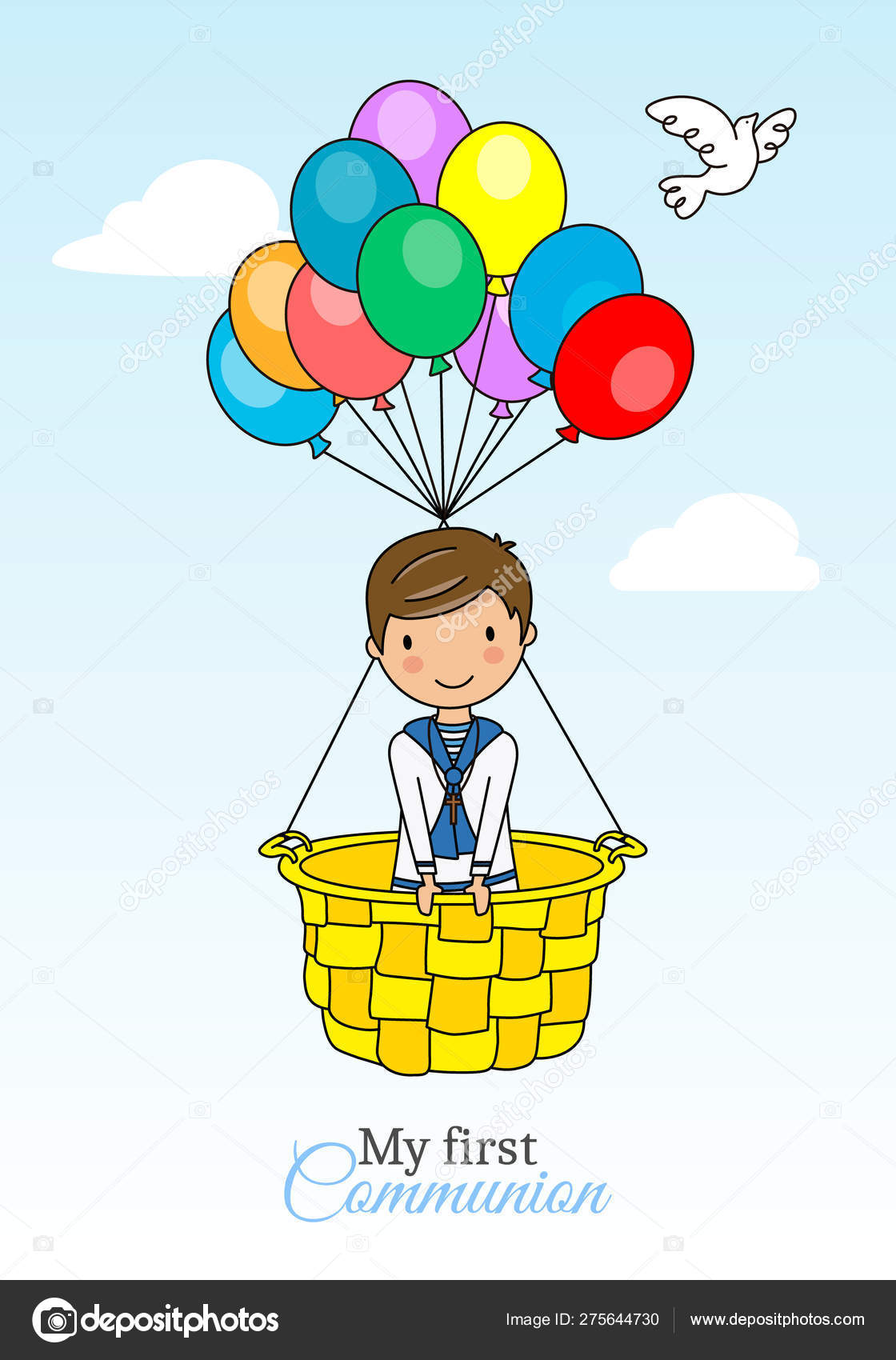 Cartão Comunhão Infantil Menino Voando Balão Vetor de ©sbego 275644730, image size:1120x1700