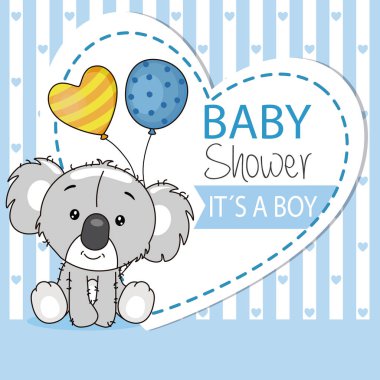Erkek bebek duş kartı. balonlar ve metin için alan ile sevimli koala