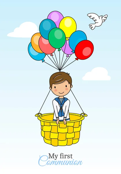 Child Communion Card Boy Flying Balloon — Stock Vector