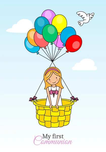 Tarjeta Comunión Infantil Chica Volando Globo — Vector de stock