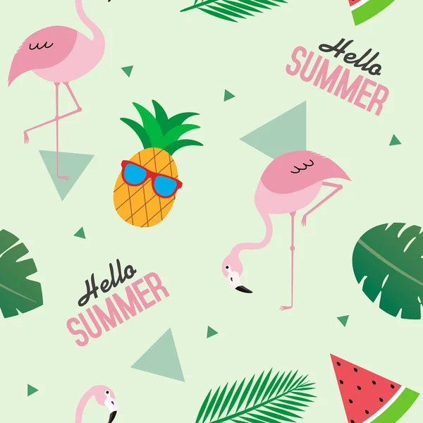 Colorful Summer Seamless Pattern Flamingos Pineapple Watermelon Design Fabric Textile — Stock Vector