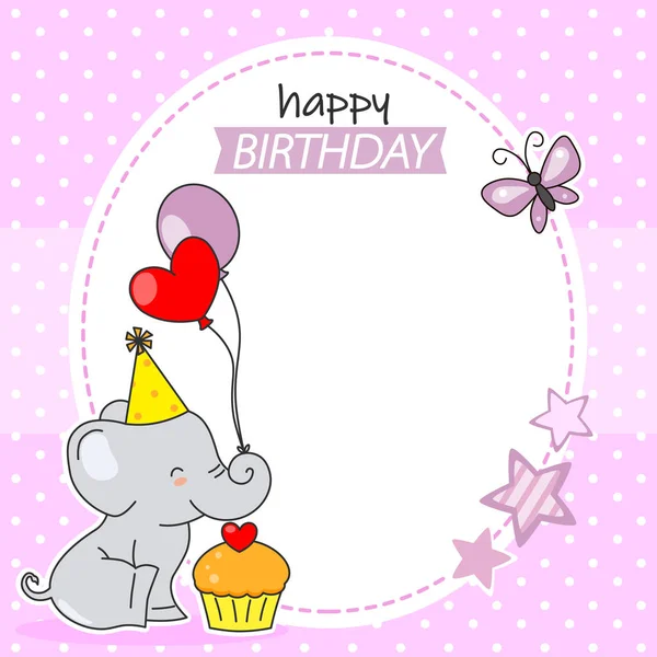 幸せな誕生日カード 風船とカップケーキでかわいい象 テキストまたは写真用のスペース — ストックベクタ