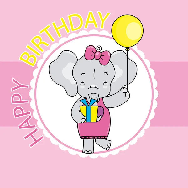Открытка День Рождения Милый Слон Подарком Воздушным Шаром — стоковый вектор