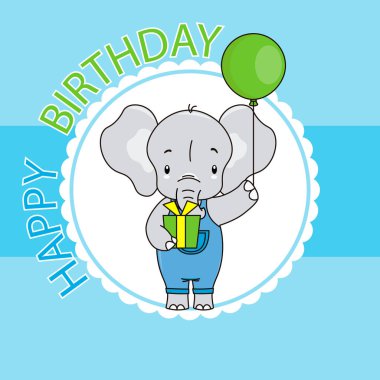 Erkek doğum günü kartı. Bir hediye ve bir balon ile sevimli fil