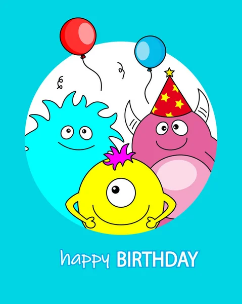 Happy Birthday Card Grappige Monsters Ballonnen Confetti — Stockvector