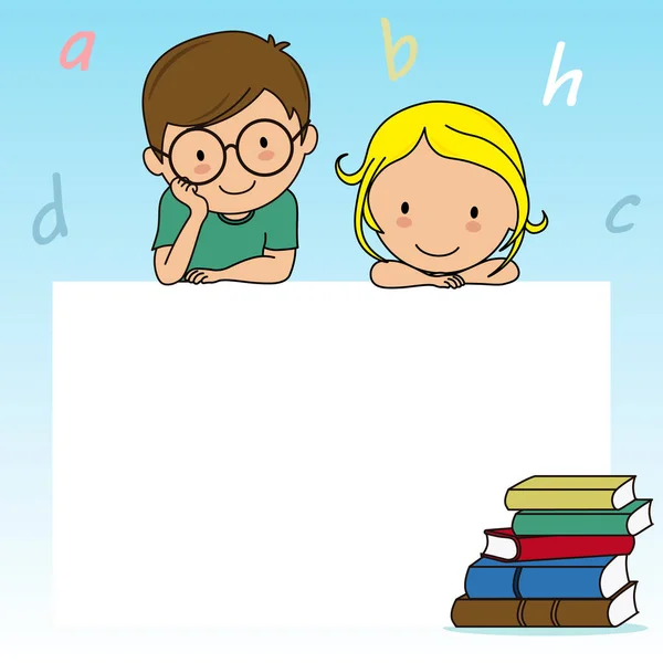 Kinder Mit Leerem Schild Hintergrund Mit Büchern Und Briefen — Stockvektor