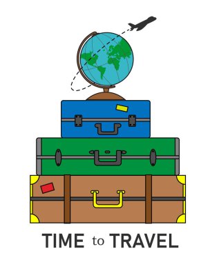 tatil kartı. Dünyanın bir küresi ve etrafta uçan bir uçak ile bavullar