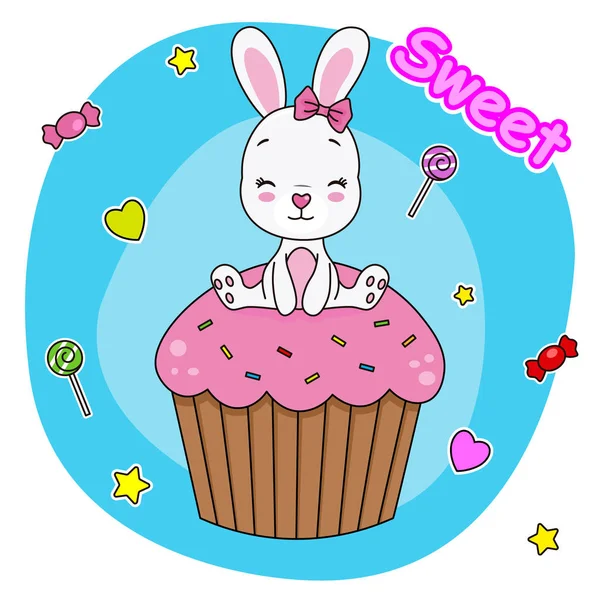 Cute Bunny Sitting Cupcake — Stock Vector