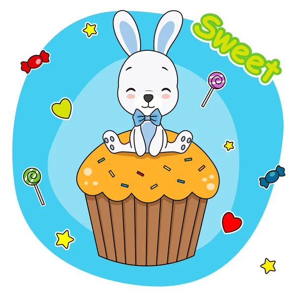 Lindo Conejito Sentado Cupcake — Vector de stock