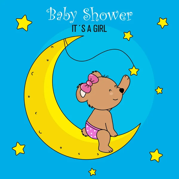 Bear Sitting Moon Baby Shower Card — Stockvector