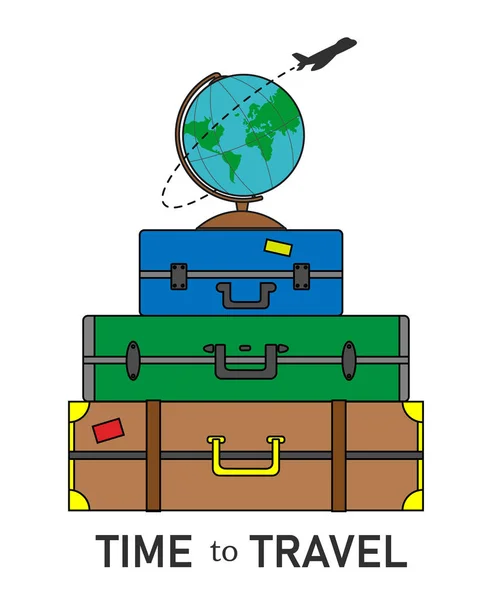 Urlaubskarte Koffer Mit Einer Erdkugel Und Einem Umherfliegenden Flugzeug — Stockvektor