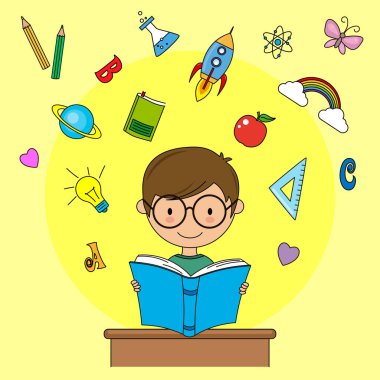 Mutlu okumacı çocuk. Eğitim simgeleri