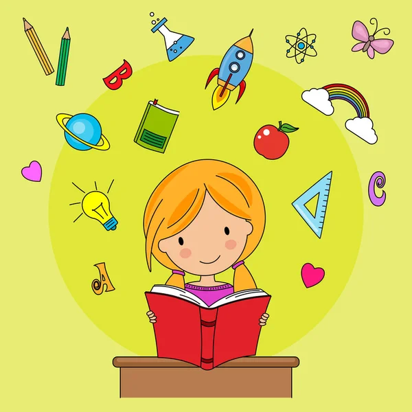 Feliz Chica Lectora Iconos Educativos — Archivo Imágenes Vectoriales