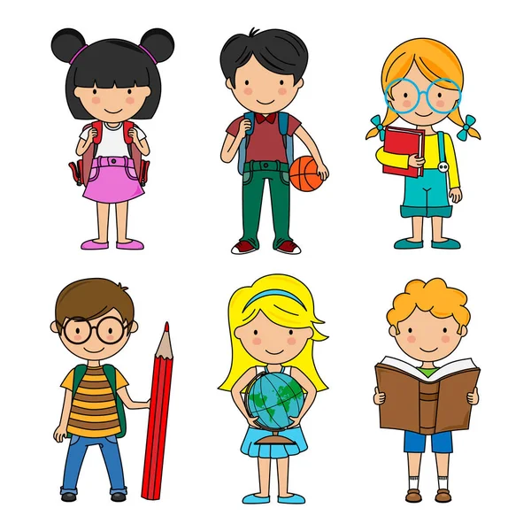 Conjunto Niños Niñas Estudiantes Vector Aislado — Vector de stock