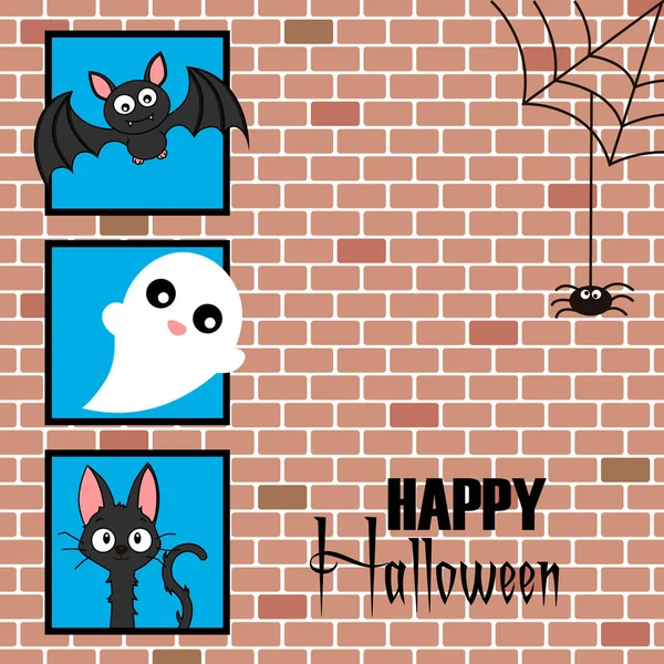 Halloween Kaart Vleermuis Ghost Black Cat Ruimte Voor Tekst — Stockvector