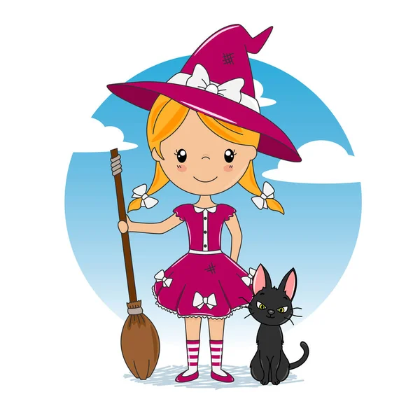 Girl Dressed Witch Broom Black Cat Her — Stock Vector