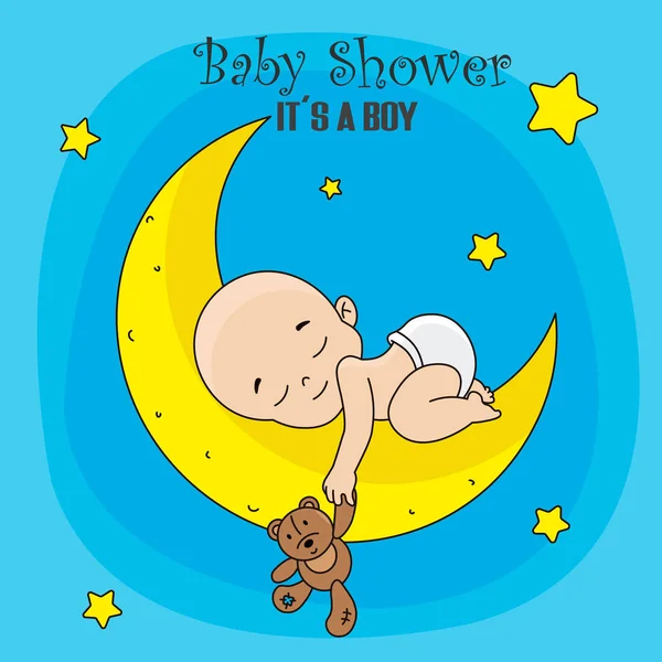 Tarjeta Baby Shower Niño Durmiendo Luna Con Osito Peluche — Archivo Imágenes Vectoriales