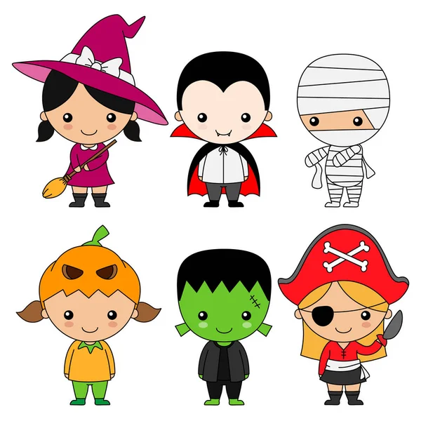 Ensemble Enfants Habillés Pour Halloween Carnaval Vecteur Isolé — Image vectorielle