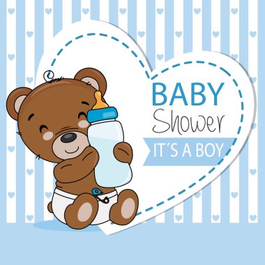 Şişe ile gülümseyen ayı. Bebek Çocuk duş kartı