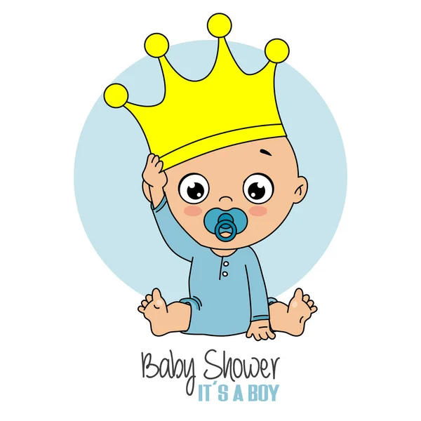 Baby Shower Karty Chłopiec Siedzi Koroną Głowie — Wektor stockowy